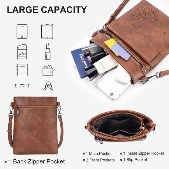 Versatile Women’s Crossbody Bag: Easy-Clean Vegan Leather with Butterfly Pattern - Picture 3 of 7